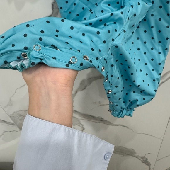 Blue Polka Dot Smocked Romper with Pumpkin Embroidery - Picture 4 of 5